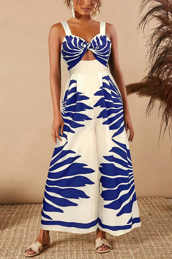 Unique Printed Open Back Pleated Casual Wide-leg Jumpsuit
