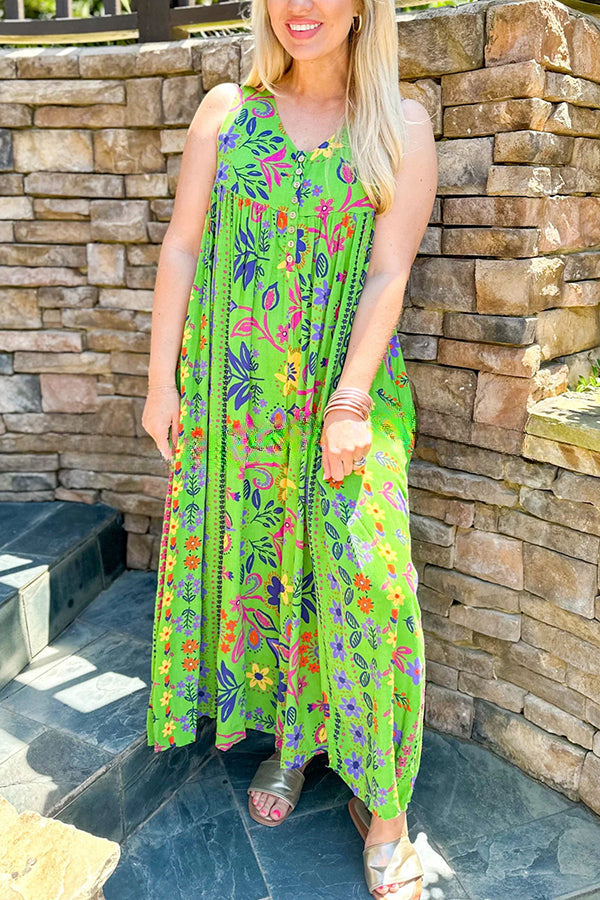 Vintage Boho Floral Print Pocketed Loose Jumpsuit