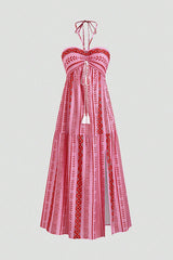 Bohemian Holiday Style Unique Print Halter Neck Tie Slit Midi Dress