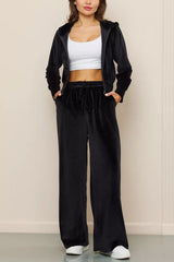 Solid Color Velvet Hooded Zip-up Sweatshirt and Elastic Waist Casual Pocket Straight-leg Pants Set