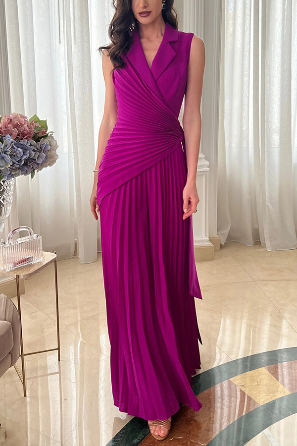 Solid Color Lapel Sleeveless Waist Tie Pleated Wide-leg Jumpsuit
