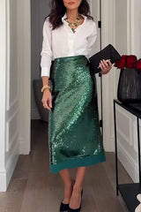 Shimmer Scene Sequin Patchwork Hem High Rise Slit Pencil Midi Skirt