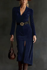 Stylish Suede V-neck Long-sleeved Slim-fit Slit Midi Dress