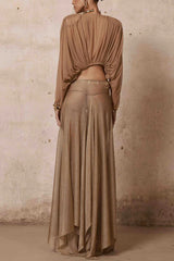 Dazzle Vacation Metallic Knit Long-sleeve Draped Crop Top and Mid Rise Irregular Slit Hem Maxi Skirt Set
