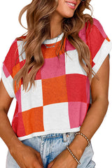 Fashionable Checkerboard Color Block Short-sleeved Loose Sweater