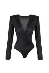Chic Celebration Glossy Fabric Pleated V-neck Long Sleeve Stretch Bodysuit
