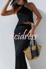Solid Knit Hollow Halter Top and Stretch Fit Maxi Skirt Set