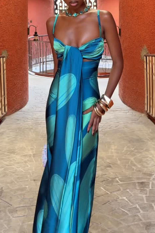 Verona Satin Leaf Pattern Front Tie-up Cutout Slip Drape Maxi Dress