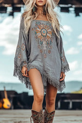 Unique Printed Ethnic-style Off-shoulder Long-sleeved Tassel Loose Mini Dress
