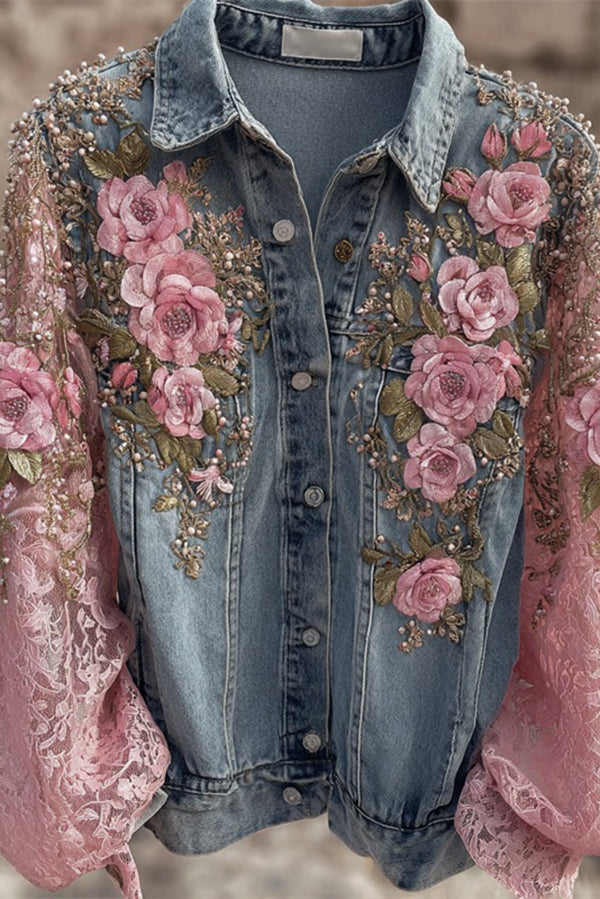 Unique Printed Lapel Long-sleeved Personalized Denim Jacket