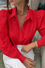 Fashion Hollow Puff Sleeve Casual Lapel Loose Shirt