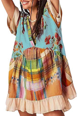 Bohemian Printed Casual Short Sleeve Ruffled Mini Dress