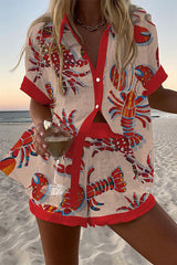 Lobster and Crab Print Loose Button Elastic Waist Shorts Set