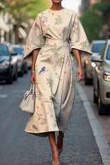 Unique Print Batwing Sleeve Waisted Casual Midi Dress