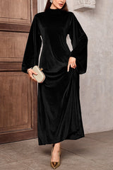 Solid Color Velvet Bell Sleeves Tie Waist Elegant Maxi Dress