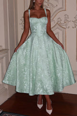 Palace Style Jacquard Fabric Backless Tie Slim Midi Dress