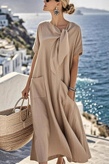 Solid Color Casual Short-sleeved Tie Round Neck Loose Pocket Mid-length Dress