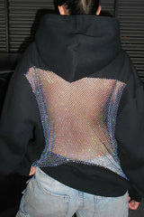 Fashionable Shiny Mesh Hollow Back Loose Long-sleeved Hooded Sweatshirt