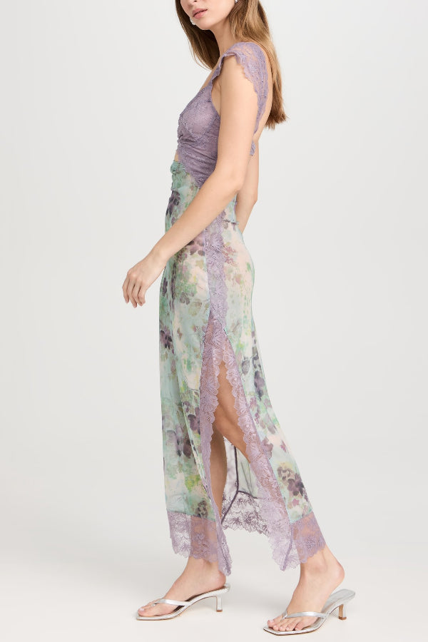 Floral Print Lace Patchwork Hollow-out Slim-fit Midi Dress