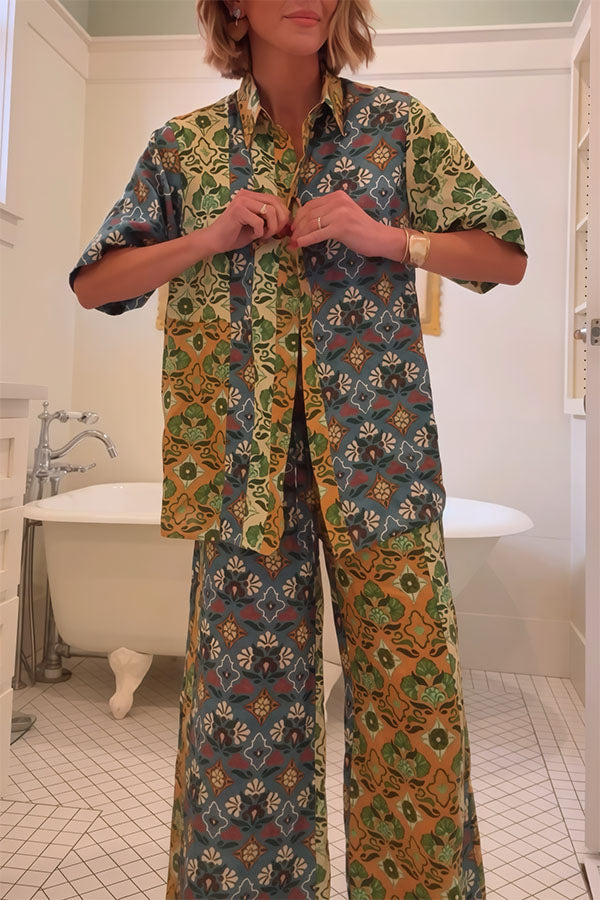 Colorblock Linen Blend Floral Print Short Sleeve Loose Blouse and Elastic Waist Pocket Wide Leg Pants Set