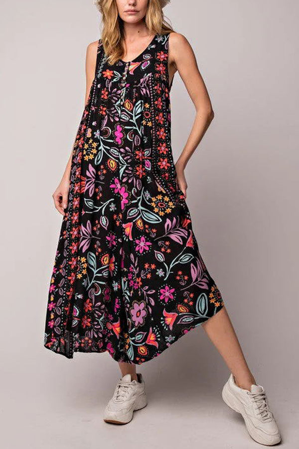Vintage Boho Floral Print Pocketed Loose Jumpsuit
