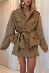 Chic Comfort Epaulettes Contrast Buttons Pocket Belt Cropped Trench Coat