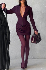 Solid Color Slim-fit V-neck Elegant Draped Formal Mini Dress