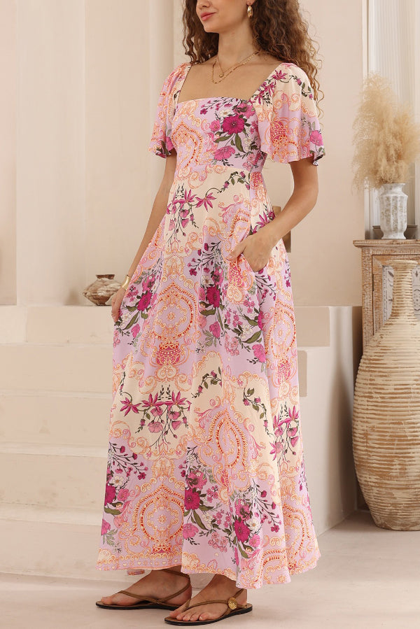 Plant Print Short-sleeved Square Neck Casual Pocket Holiday Midi Dress