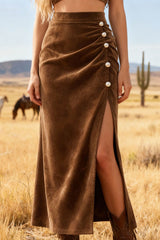 Stylish Suede High-wsted Pleated Casual Slit Midi Skirt