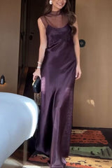 Remeah Mesh Satin Patchwork High Neck Back Cutout Button Maxi Dress