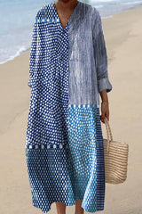 Blue Spot Print V-Neck Long Sleeve Loose Midi Dress