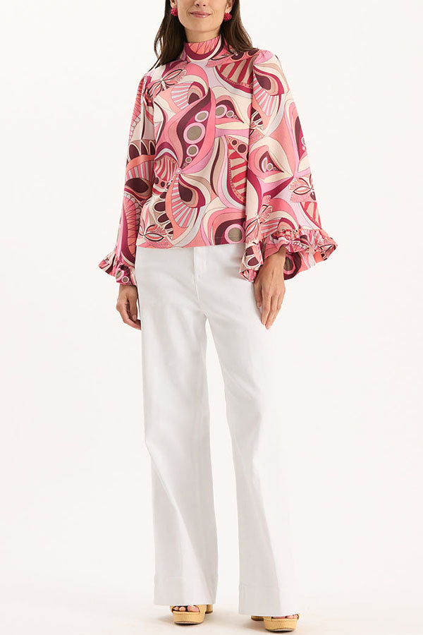 Sarah Unique Print High Neck Ruffle Bell Sleeve Top and Elastic Waist Pocket Loose Pants Set