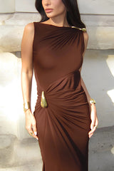 Fashionable Metallic Embellishments Pleated Sleeveless Slim-fit Maxi Dress