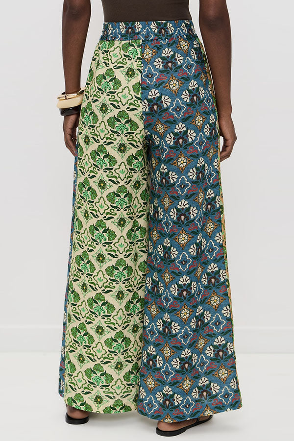 Colorblock Linen Blend Floral Print Short Sleeve Loose Blouse and Elastic Waist Pocket Wide Leg Pants Set