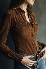 Stylish Suede Long-sleeved Button-down Casual Shirt