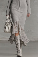 Solid Color Hooded Zip-up Long-sleeved Slim-fit Lace Hem Midi Dress