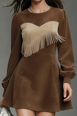Stylish Color-blocked Tassel Suede Long-sleeved Mini Dress