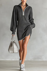 Fashionable Loose-fitting Long-sleeved Collared Zip-up Casual Knitted Mini Dress