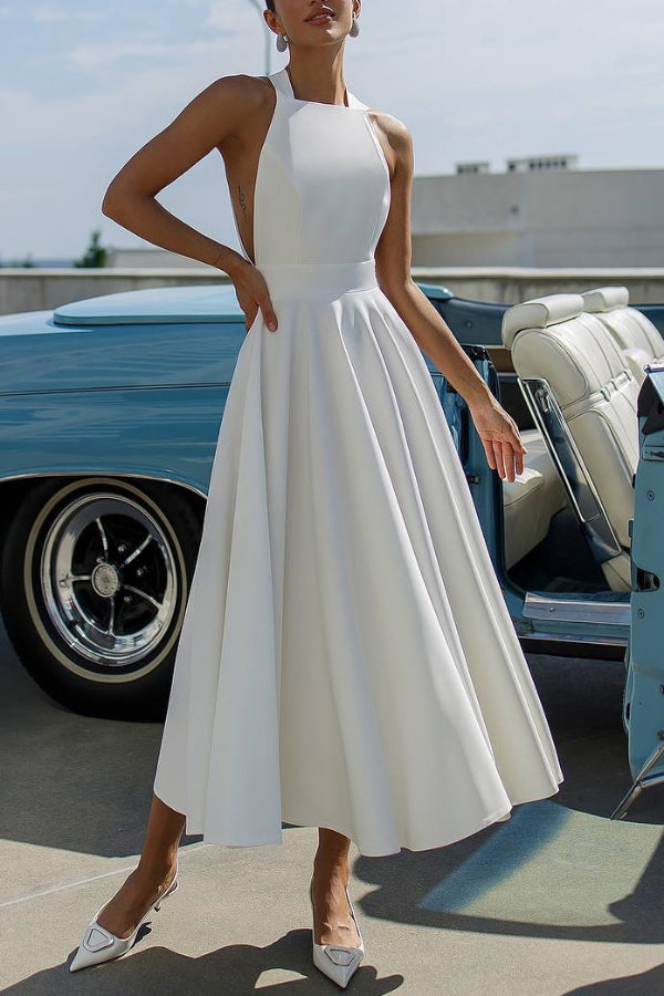 Solid Color Halter Neck Bow Tie Elegant Waist-cinching Midi Dress