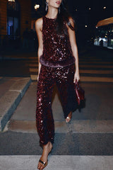 Gala Goddess Sequin Faux Fur Trim Crew Neck Sleeveless Loose Top