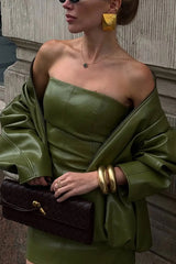 Solid Color Loose Long Sleeve Pocket Casual Leather Jacket