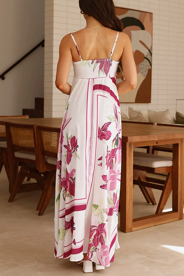 Botanical Print Halter Square Neck Pleated Loose Maxi Dress