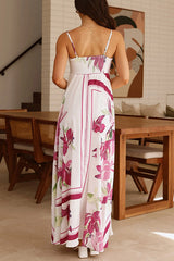 Botanical Print Halter Square Neck Pleated Loose Maxi Dress