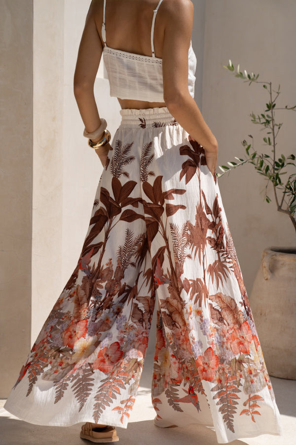 Leaf Print Casual Elastic Waist Pocket Loose Wide-leg Pants