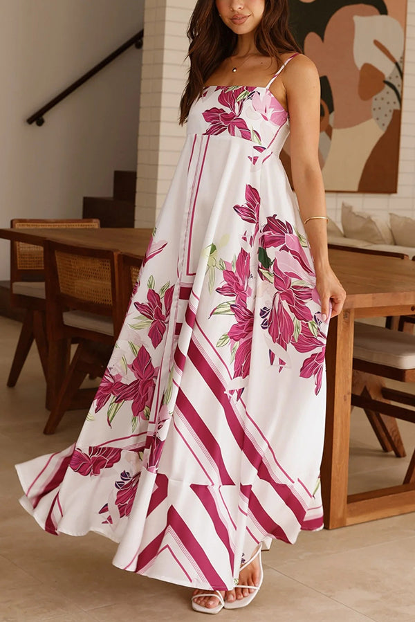 Botanical Print Halter Square Neck Pleated Loose Maxi Dress