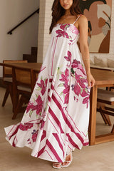 Botanical Print Halter Square Neck Pleated Loose Maxi Dress
