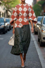 Unique Print Batwing Sleeve Waisted Casual Midi Dress