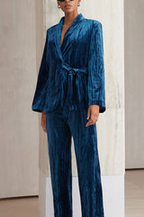 Solid Color Velvet Pleated Long-sleeved Tie Top and Casual Pocket Straight-leg Pants Set