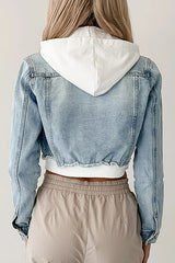 Fashionable Patchwork Hooded Casual Long-sleeved Denim Jacket