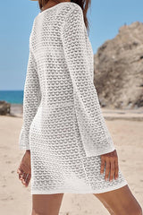 Solid Color Knit Hollow V-Neck Tie Long Sleeve Cover Up Mini Dress